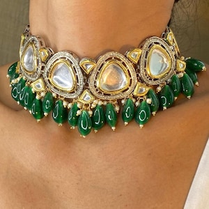 Polki Diamond Choker Green India Jewelry Kundan Necklace Sabyasachi Jewelry Big Polki Necklace Victorian Necklace Green Kundan Jewelry Set