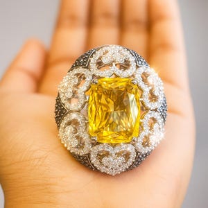Yellow Diamond Ring PREMIUM Large Statement Cocktail Diamond Ring Large Stone Jewelry Canary Yellow CZ Ring DESIGNER Replica Yellow Ring