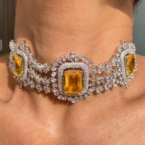 Yellow Diamond Choker Necklace | Canary CZ Statement Jewelry | American Diamond Bridal Set | Indian Wedding Necklace