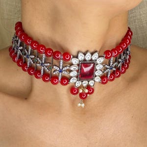 Red Kundan Choker Polki Necklace Victorian Polki Diamond Jewelry Sabyasachi Jewelry Indian Necklace Jadau Necklace Uncut Polki Jewelry Set
