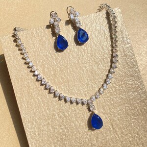 Sapphire Diamond Necklace Blue Cubic Zirconia Pendant LUXURY Blue Sapphire Statement Necklace India Jewelry DESIGNER Replica CZ Wedding Gift