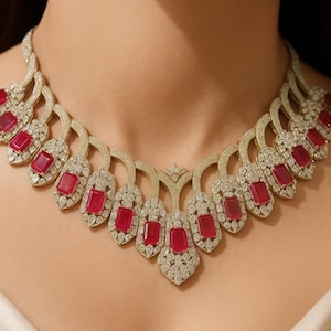 Ruby Necklace PREMIUM American Diamond Statement India Pink Ruby Jewelry Cubic Zirconia CZ Ruby Diamond Necklace DESIGNER Inspired Set
