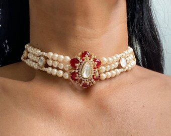 Polki Choker Ruby Pearl Layered Necklace Moissanite Statement Jewelry Uncut Kundan Necklace Designer Inspired Luxury Choker Set