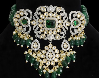 Kundan Polki Choker Jadau Emerald Green Necklace Indian Bridal Jewelry Uncut Polki Statement Necklace Set Victorian Pakistani Jewelry Gift