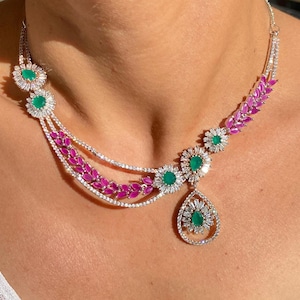 Ruby Emerald Necklace PREMIUM Green American Diamond Necklace Rose Gold Plated Green India Jewelry Emerald Ruby Diamond Necklace CZ Gift