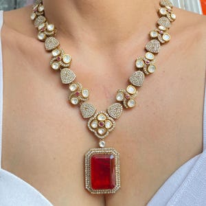 Polki Necklace Red Kundan Jewelry Long Indian Pendant Sabyasachi Jewelry Victorian Polki Diamond Necklace Red Doublet Kundan Necklace Set