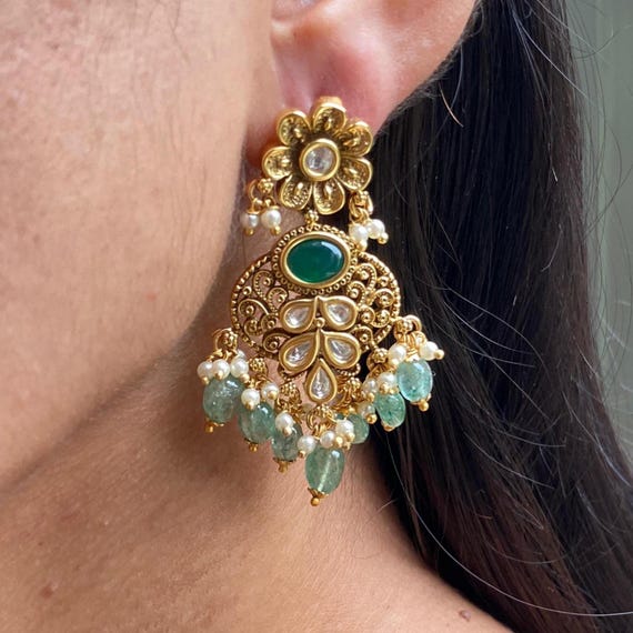 Indian Green Earring Mint Kundan Jewelry Chandbali Earrings 22k
