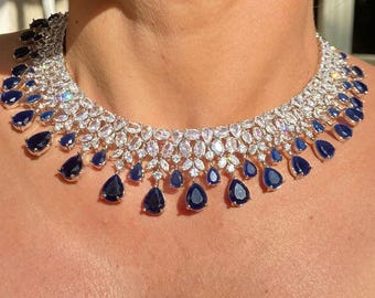 Royal Blue Sapphire Necklace | American Diamond CZ Statement Bridal Jewelry Set | Zirconia Statement