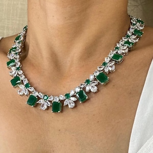 Emerald Necklace PREMIUM Green American Diamond Necklace Statement Green Emerald Wedding Bridal Jewelry Set India CZ Sets Amrapali Inspired