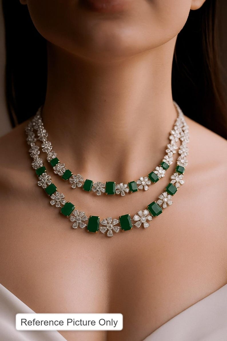 nita ambani jewelry, sabyasachi inspired, american diamond, green diamond, cz necklace india, emerald diamond, emerald necklace, green emerald set, tyaani jewelry, moissanite diamond, emerald jewelry set, emerald india set, two line necklace,