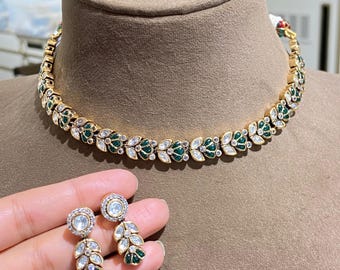 Delicate Polki Kundan Choker Necklace | Emerald Green Indian Jewelry | Moissanite Diamond Necklace | Bridal Statement Set