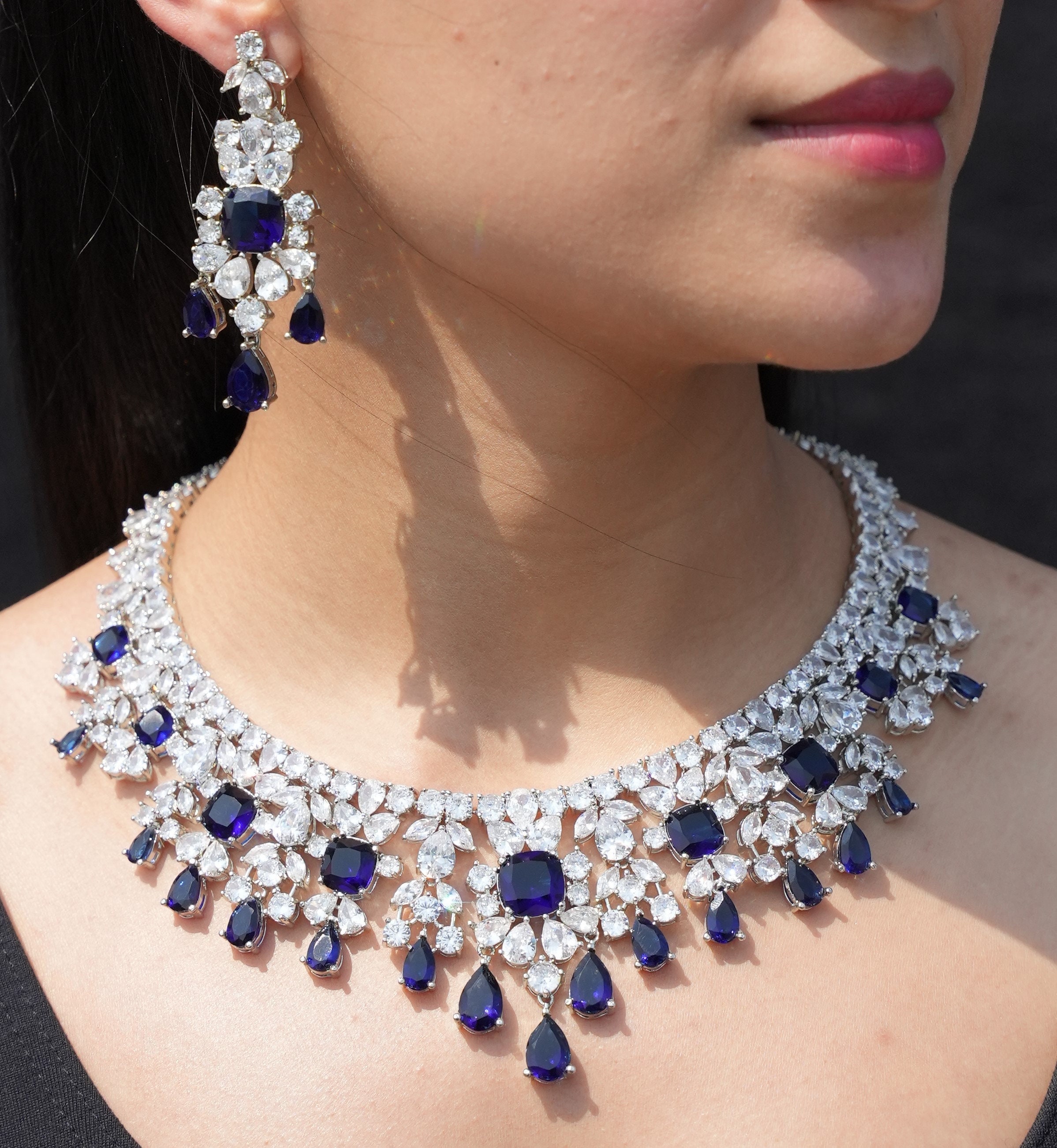 Sapphire Blue Silver Plated Diamond Necklace Set With Tikka