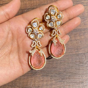 Polki Earrings Peach Indian Moissanite Polki Diamond Earrings Sabyasachi Jewelry Long Indian Doublet Earrings Kundan Earrings Gold Jewelry