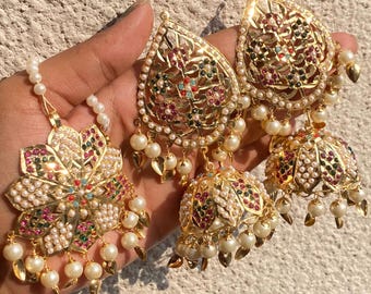 Navratan Jhumka Tikka Set | Pipal Patti Punjabi Bridal Jewelry | 22K Gold Maang Tikka Set | Hyderabadi Wedding Jewelry