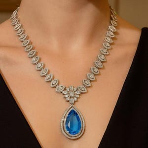Blue American Diamond Necklace PREMIUM Blue Stone Statement Long Pendant India Jewelry CZ Blue Sapphire Diamond Necklace DESIGNER Inspired