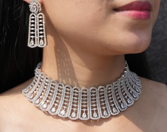 American Diamond Choker Necklace | CZ Moissanite Bridal Set | Designer Statement Jewelry | Wedding Necklace India