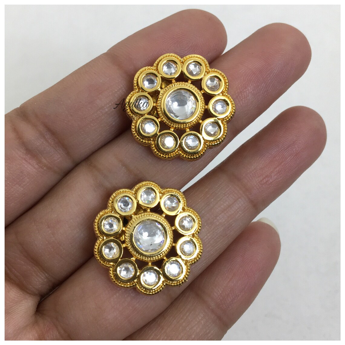 Kundan Polki Studs Indian Stud Earrings Gold Plated Etsy