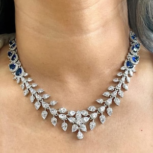 Sapphire Necklace PREMIUM Blue American Diamond Wedding Necklace Diamond Blue Sapphire Jewelry Set India Cubic Zirconia CZ WEDDING Gift