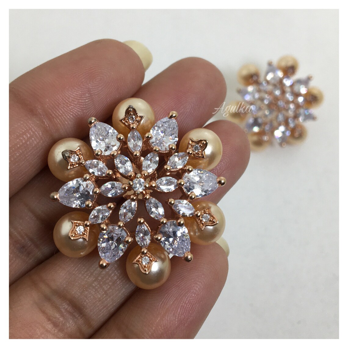 Big Stud Earrings Pearl Stud Earrings CZ Diamond Studs Rose Etsy