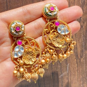 Indian Earrings Ruby Kundan Chandbali Earrings Antique Gold Jewelry UNIQUE Indian Kemp Earrings Pachi Kundan Jewelry Antique Gold Earrings