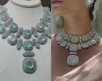 Manish Malhotra Inspired Mint Green Necklace Set American Diamond Mint Jewelry Bridal Wedding Big Stone Necklace India Statement Jewelry CZ