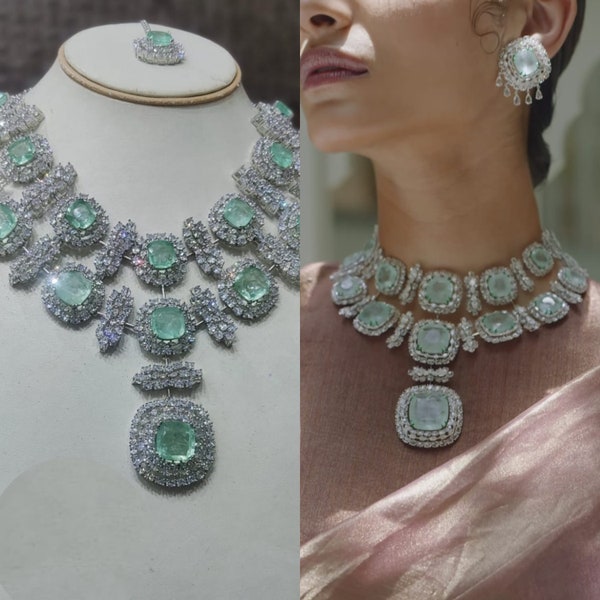 Manish Malhotra Inspired Mint Green Necklace Set American Diamond Mint Jewelry Bridal Wedding Big Stone Necklace India Statement Jewelry CZ
