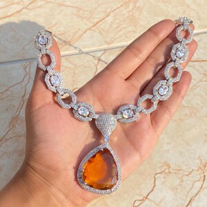 Yellow Necklace Deepika Padukon Inspired Cz Diamond Drop Jewelry Sets Modern Citrine Crystal Pendant Necklace Statement Wedding Jewelry Gift image 9
