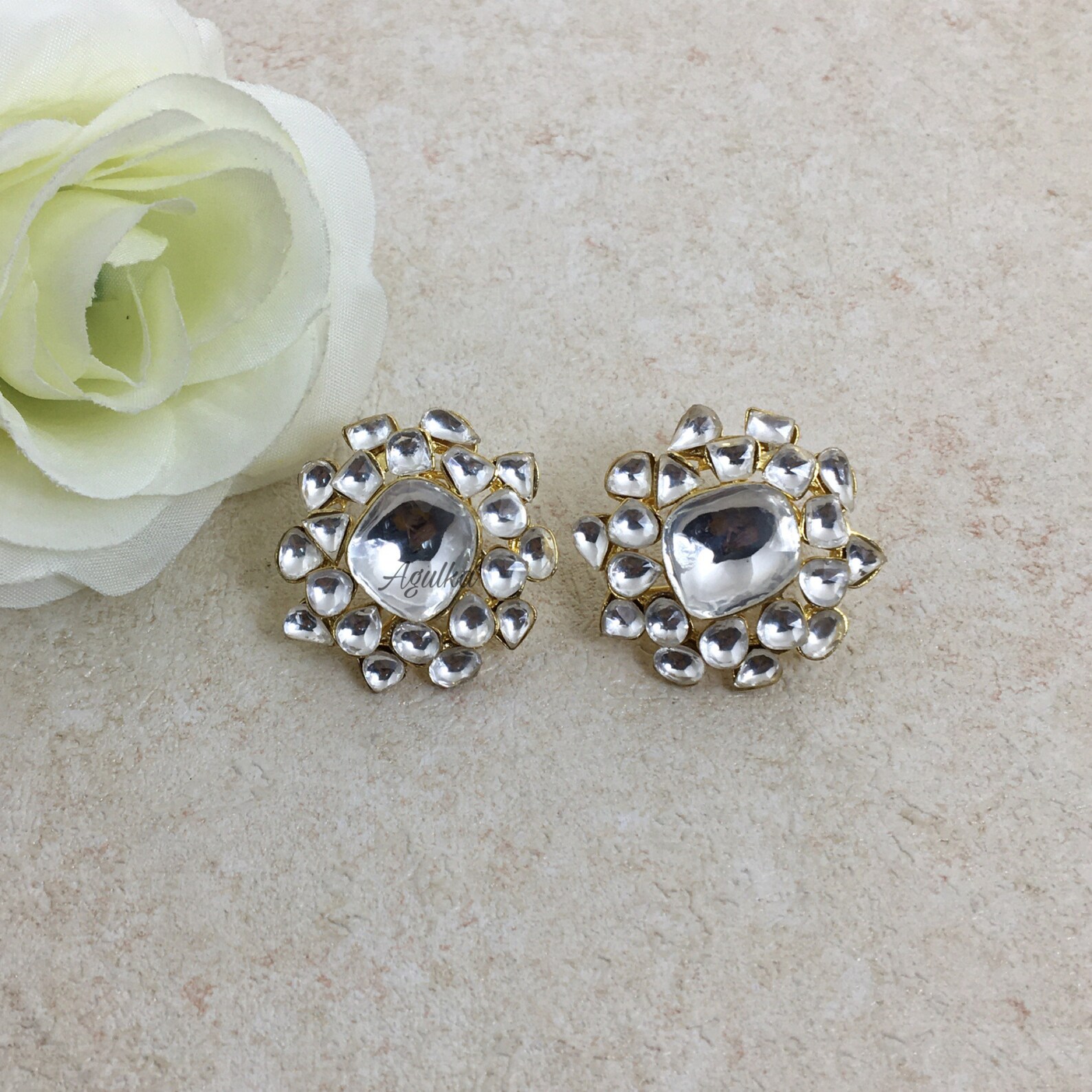 Kundan Stud Earrings/Kundan Polki Earrings/Indian Gold Plated Etsy