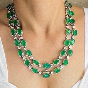 Polki Necklace Emerald Kundan Layered Indian Necklace Green Doublet Necklace Sabyasachi Jewelry Two Layer Moissanite Polki Diamond Jewelry
