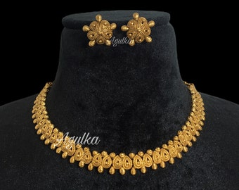 Colar gargantilha dourado estilo templo | Joias antigas do sul da Índia | Colar tradicional para noivas | Conjunto de joias para casamento indiano
