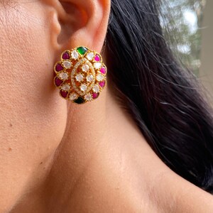 Sabyasachi Jewelry, Theombredesigns, Navratan Earrings, Moissanite Earrings, Emerald Ruby Earring, Indian Jewelry, Polki Jewelry, Pakistani Jewelry, Gold Plated Jewelry, Jadau Earrings, Statement Jewelry, Indian Earrings, Victorian Earrings,