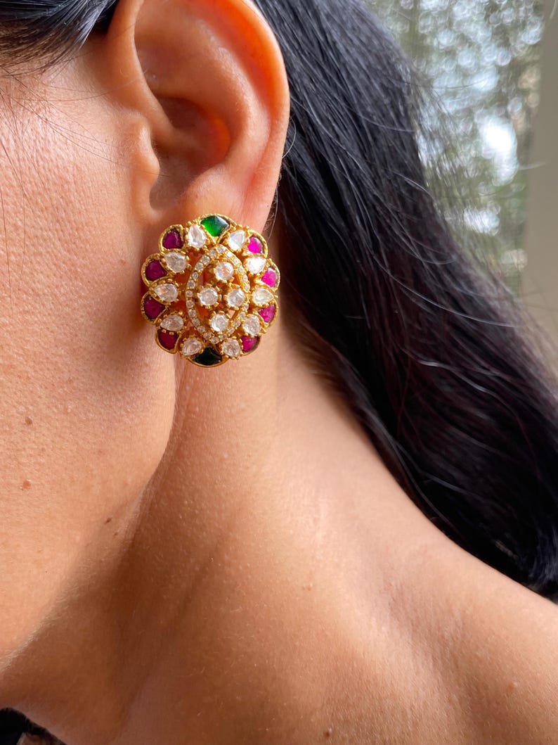 Sabyasachi Jewelry, Theombredesigns, Navratan Earrings, Moissanite Earrings, Emerald Ruby Earring, Indian Jewelry, Polki Jewelry, Pakistani Jewelry, Gold Plated Jewelry, Jadau Earrings, Statement Jewelry, Indian Earrings, Victorian Earrings,