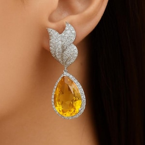 Yellow Diamond Earrings PRREMIUM Long Statement Canary Yellow Stone Earring Moissanite Diamond Yellow CZ Earrings India Jewelry WEDDING Gift