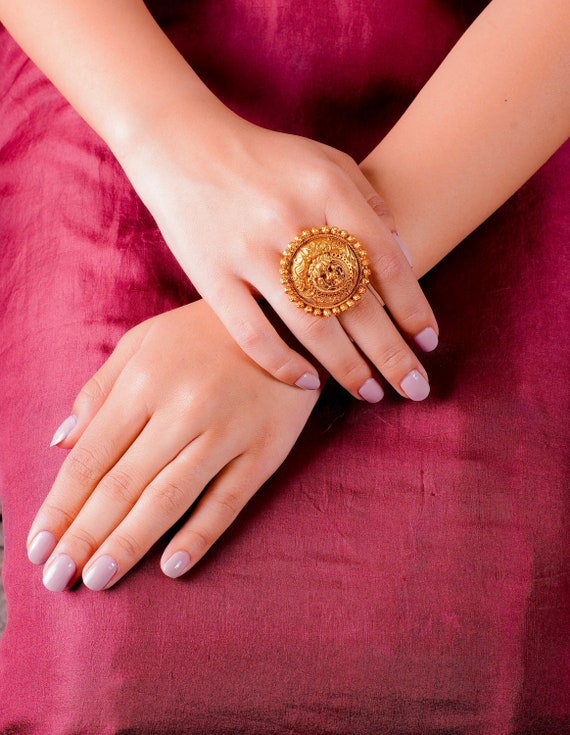 Gold Plated Ring India Temple Ring Antique India Jewelry Ring India Gold  Jewelry Temple Jewelry South India Gold Jewellery Big Ring Women 