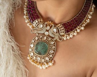 Kundan Polki Necklace Green Ruby Choker Sabyasachi Inspired Jewelry Moissanite Polki Diamond Indian Bridal Jewelry