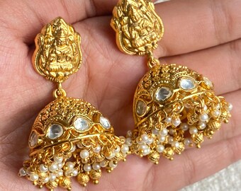 Temple Jhumka Earrings Gold Plated | Bollywood Style Kundan Jhumka | South Indian Bridal Jewelry | Traditional Statement Earrings