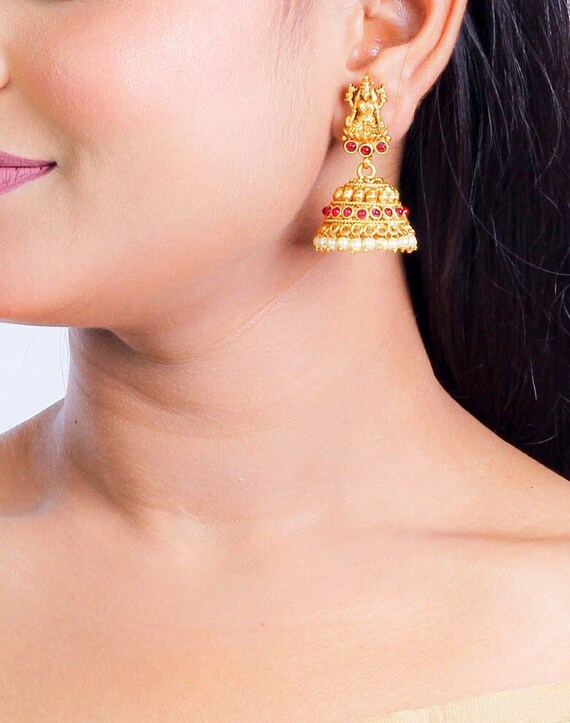 Temple Jhumkas India Gold Earrings Ruby Jhumka South India Jewelry