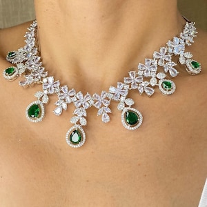 Emerald Necklace PREMIUM Green American Diamond Necklace Set Sabyasachi Jewelry Emerald Green Stone Necklace India DESIGNER CZ  Statement