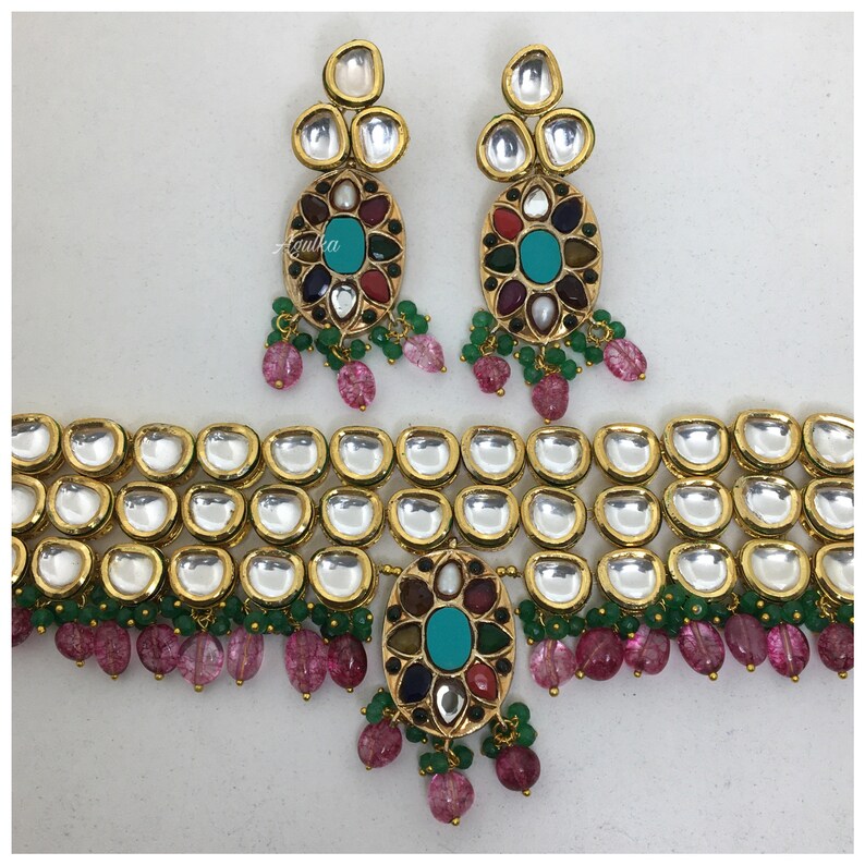 Navratan Choker Set Kudnan Necklace Indian Beaded Necklace Etsy