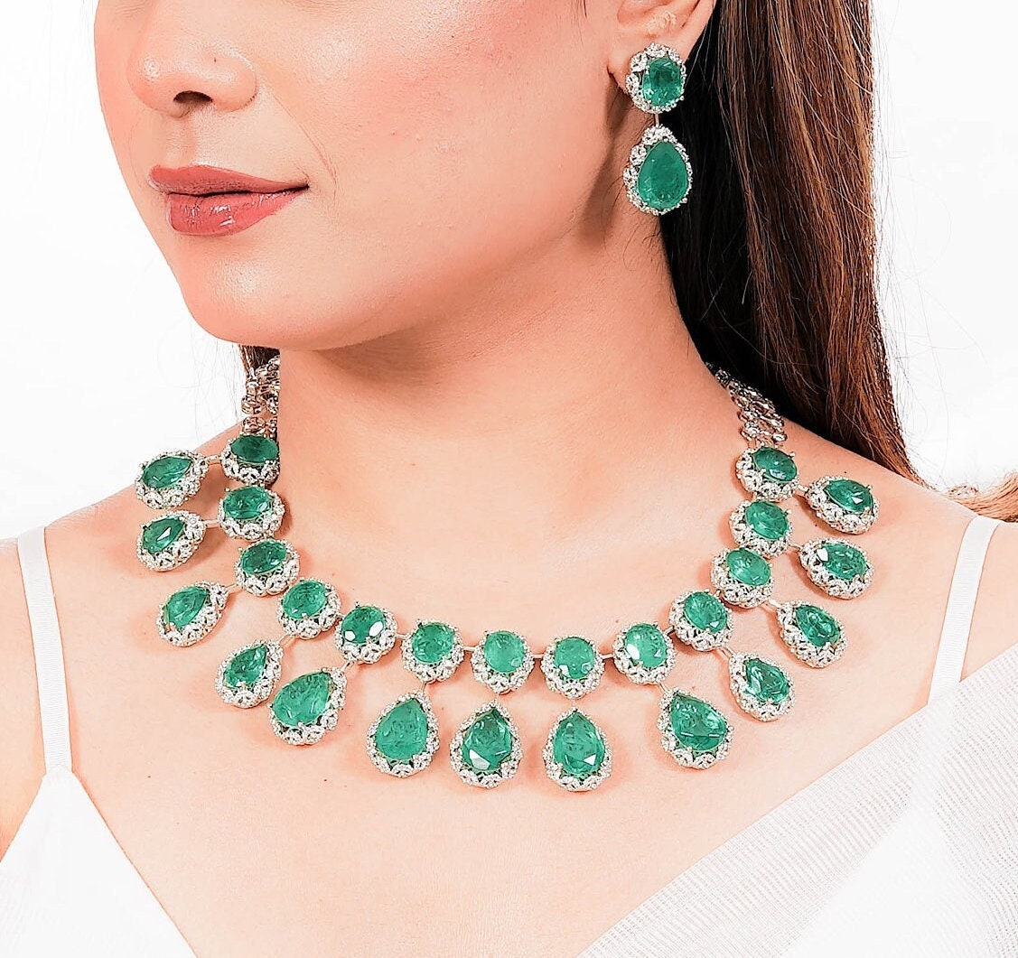 Shaira Long Pacchi Kundan Emerald Statement Necklace/ Rajwadi Ruby Nec –  AryaFashions