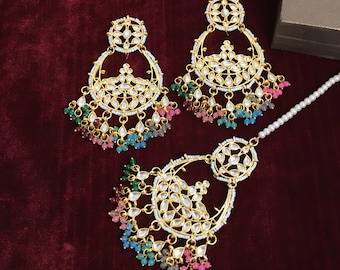 Navratan Earring Maang Tikka Set | Punjabi Jadau Kundan Jewelry | Oversized Bridal Tikka Set | Jaggo Wedding Earrings Set