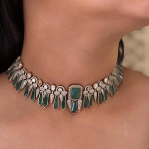 Polki Necklace Green Kundan Jewelry Sabyasachi Inspired Moissanite Polki Diamond Choker Jadau Jewelry Emerald Green Indian Doublet Necklace