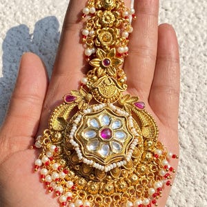 Ruby Kundan Maang Tikka Big India Bridal Tikka 22k Gold Plated Jewelry South Indian Jewelry Big Forehead Tikka JewelryJadau Kundan Jewelry