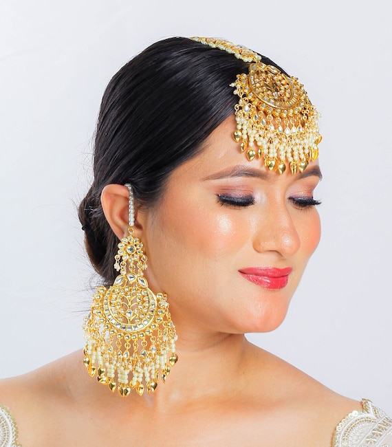 Grey Beaded Kundan Gold Plated Earring Maang Tikka Set- Maang Tikka – Niscka