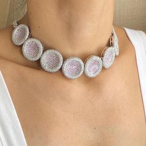 Pink Diamond Necklace PREMIUM India Jewelry CZ Pave Setting Choker Necklace Set Moissanite Diamond Necklace Pink Cubic Zirconia Necklace