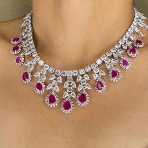Conjunto de collar de rubíes / Joyería de zafiro rosa y circonitas cúbicas / Collar nupcial llamativo / Regalo de joyería para bodas indias imagen 6