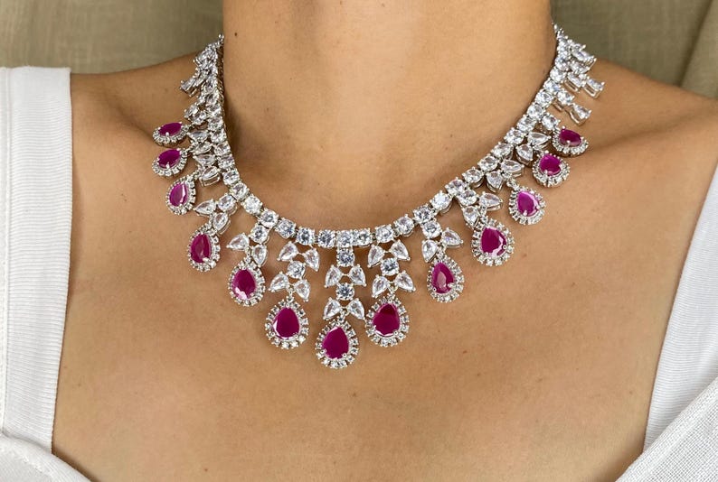 Conjunto de collar de rubíes / Joyería de zafiro rosa y circonitas cúbicas / Collar nupcial llamativo / Regalo de joyería para bodas indias imagen 6