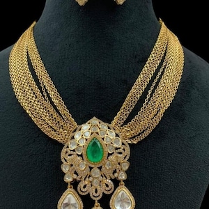 Emerald Polki Necklace Green Kundan Pendant Sabyasachi Jewelry Moissanite Polki Diamond Necklace Uncut Kundan Green Indian Doublet Jewelry