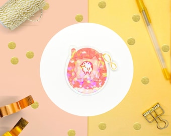 Holographic Tamagotchi  Sticker - Pink  | Water Bottle, Kindle, Laptop Decal
