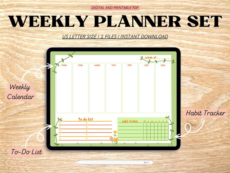 Digital Weekly Planner Set Printable Planner To Do List Cute Plant Weekly Calendar Desk Planner PDF Planner Template image 2